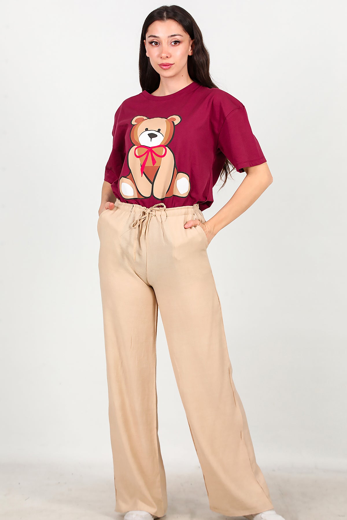 Kadın Beli Lastikli İpli Pantolon Vizon