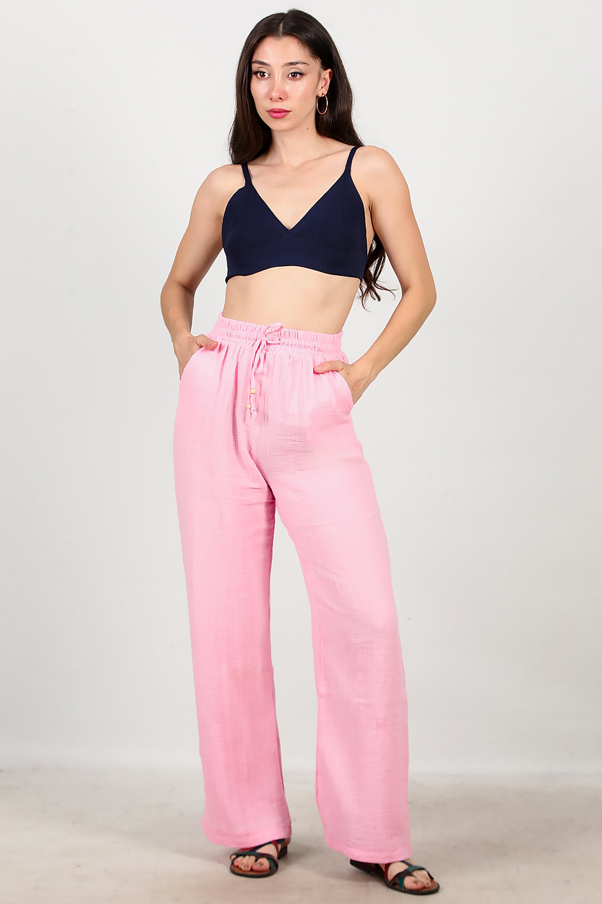 Kadın Geniş Paça İnce Keten Pantolon Pembe