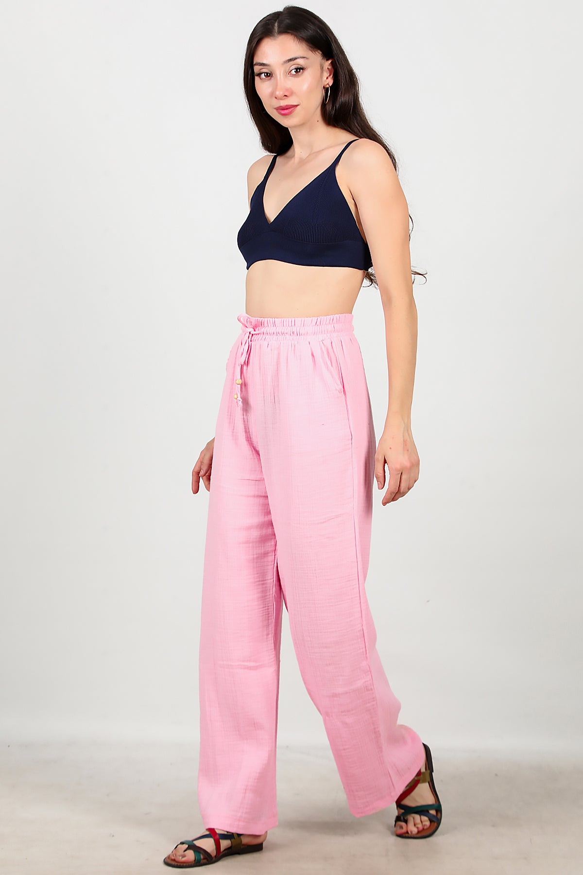 Kadın Geniş Paça İnce Keten Pantolon Pembe