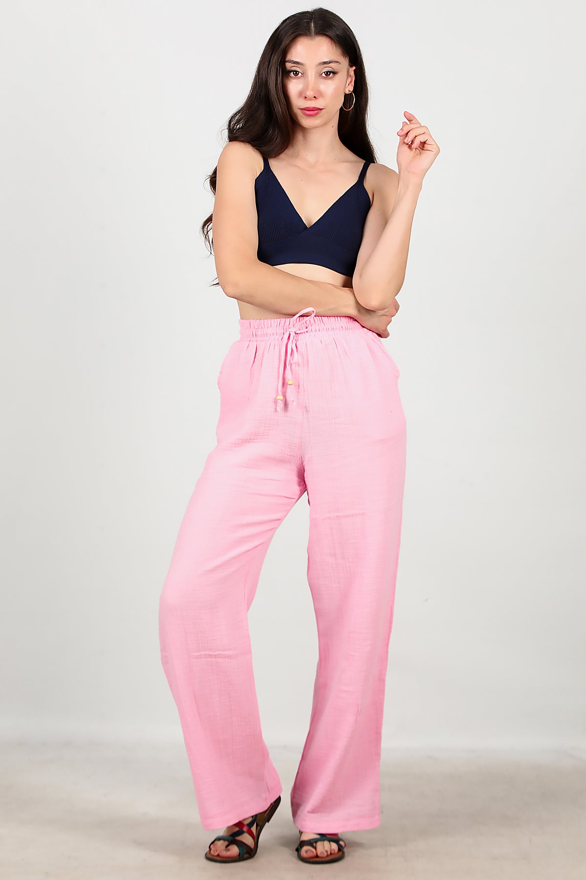 Kadın Geniş Paça İnce Keten Pantolon Pembe