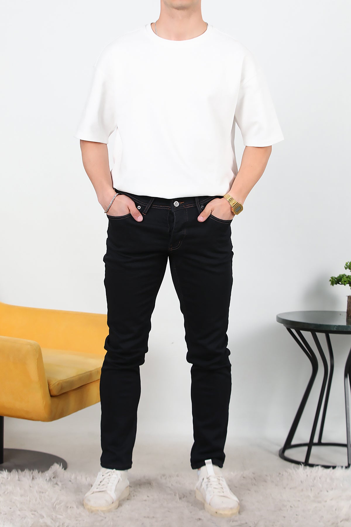 Erkek Slim Düz Paça Kot Pantolon Koyu Lacivert