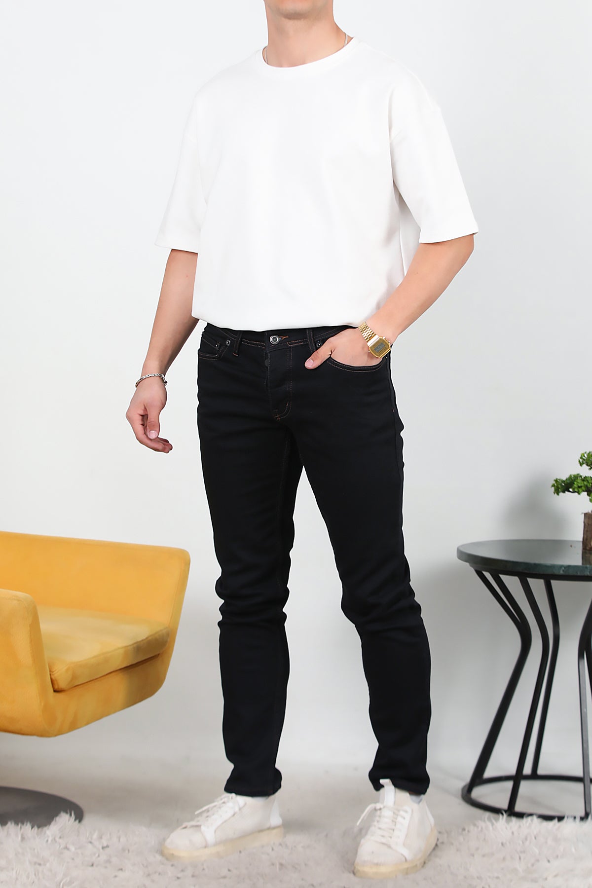 Erkek Slim Düz Paça Kot Pantolon Koyu Lacivert