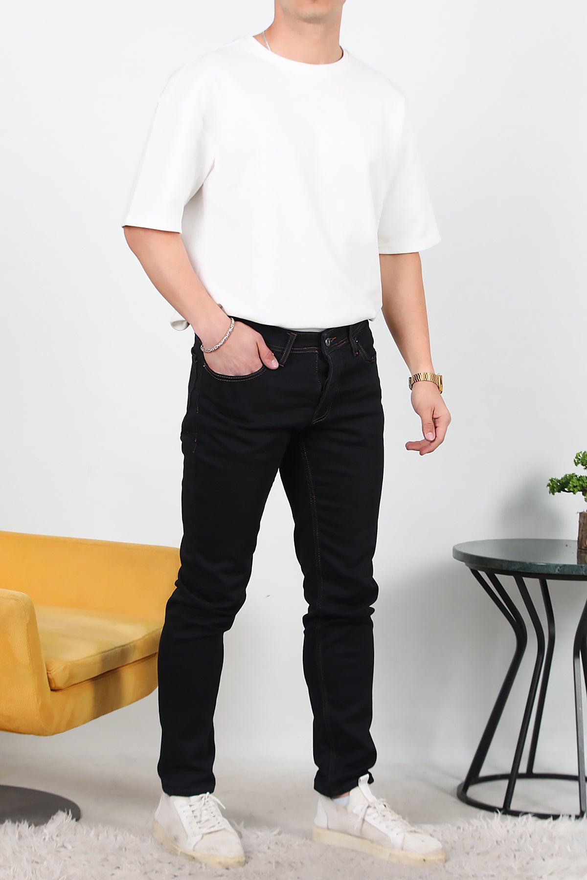 Erkek Slim Düz Paça Kot Pantolon Koyu Lacivert