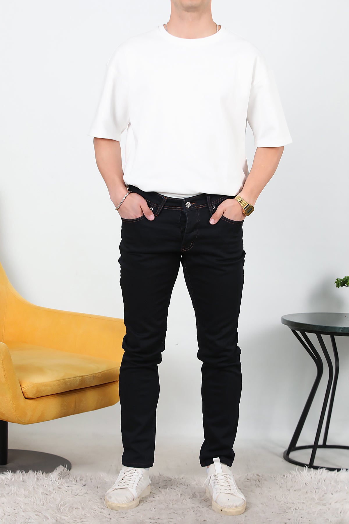 Erkek Slim Düz Paça Kot Pantolon Koyu Lacivert