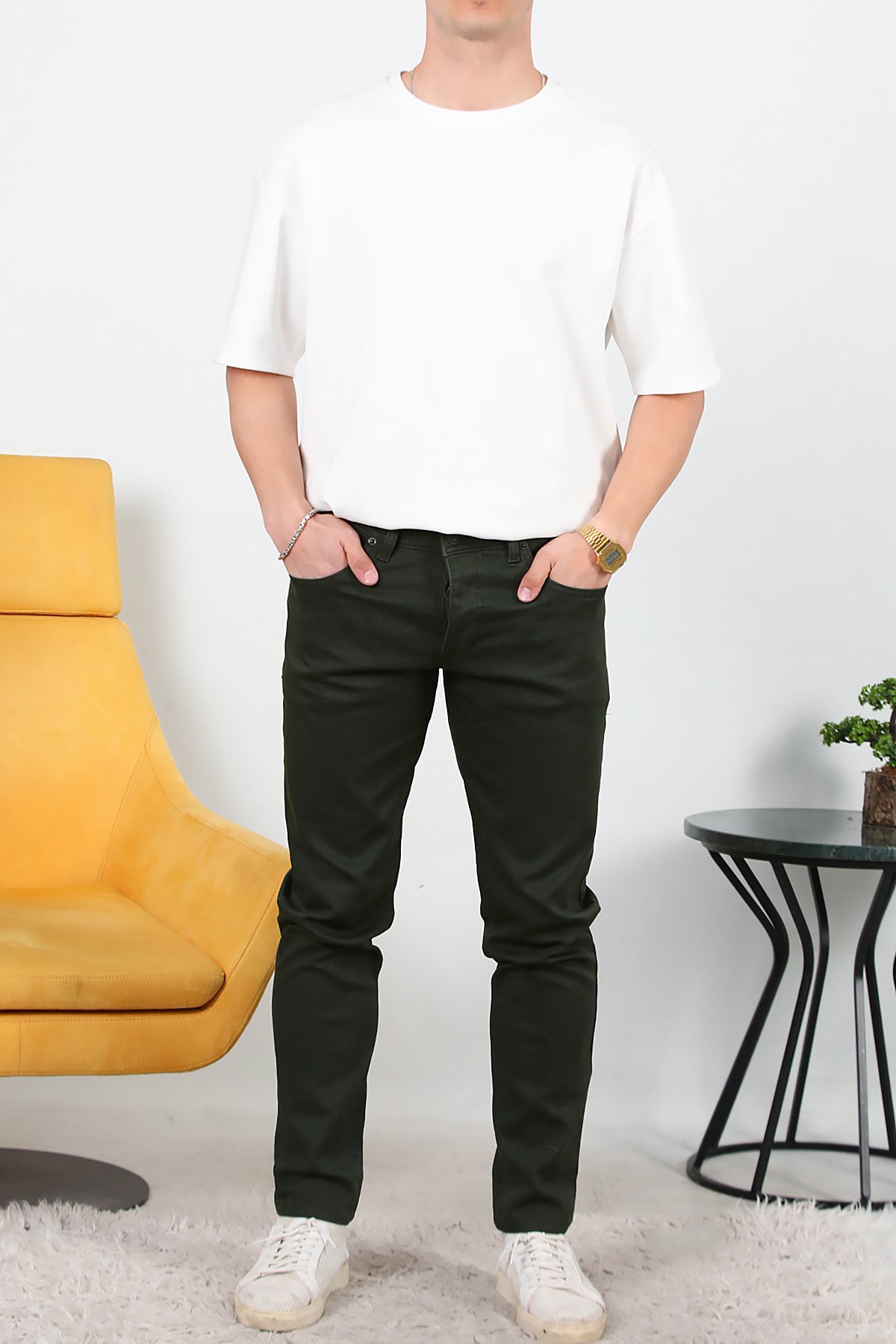 Erkek Slim Likralı Kot Pantolon Haki