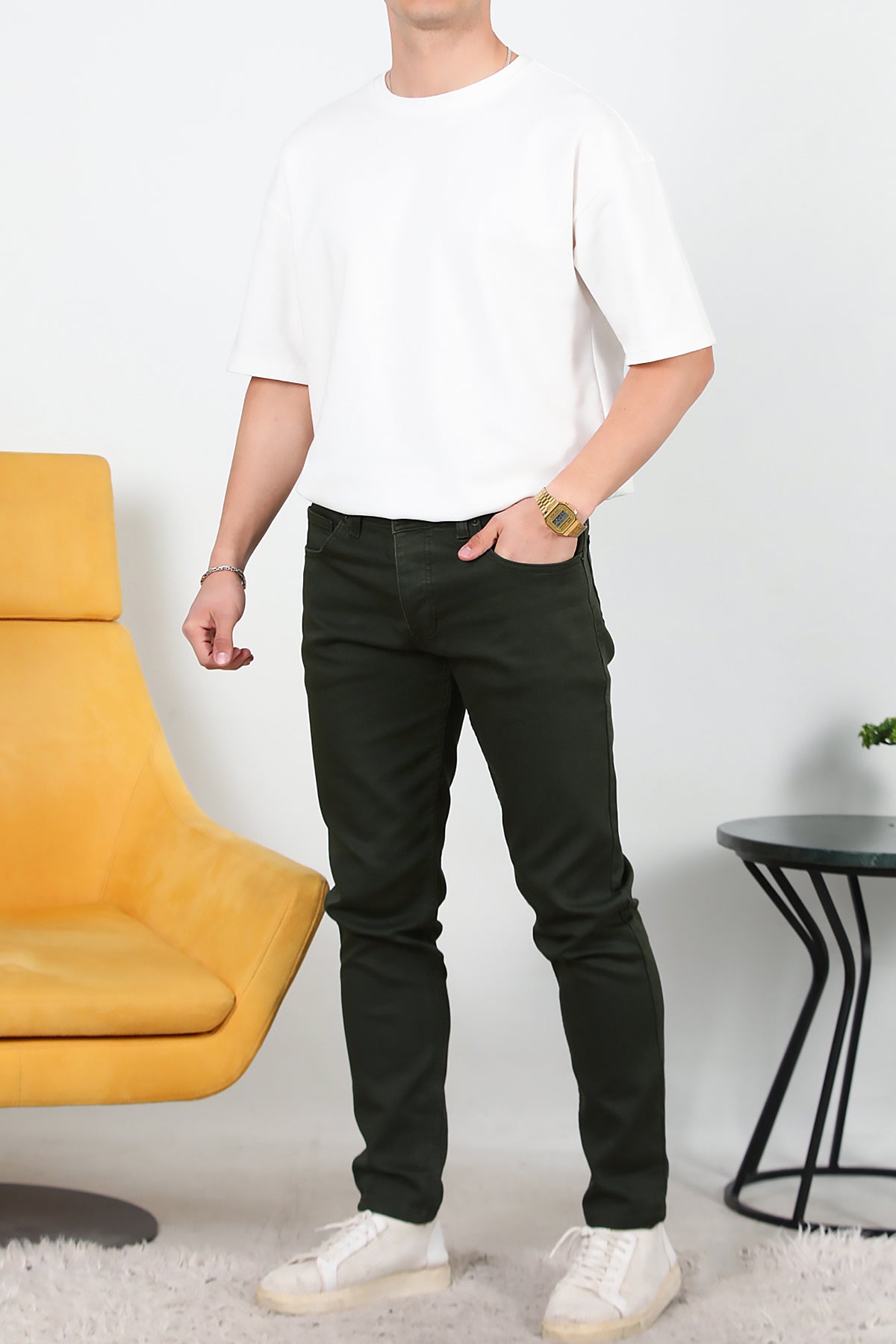 Erkek Slim Likralı Kot Pantolon Haki