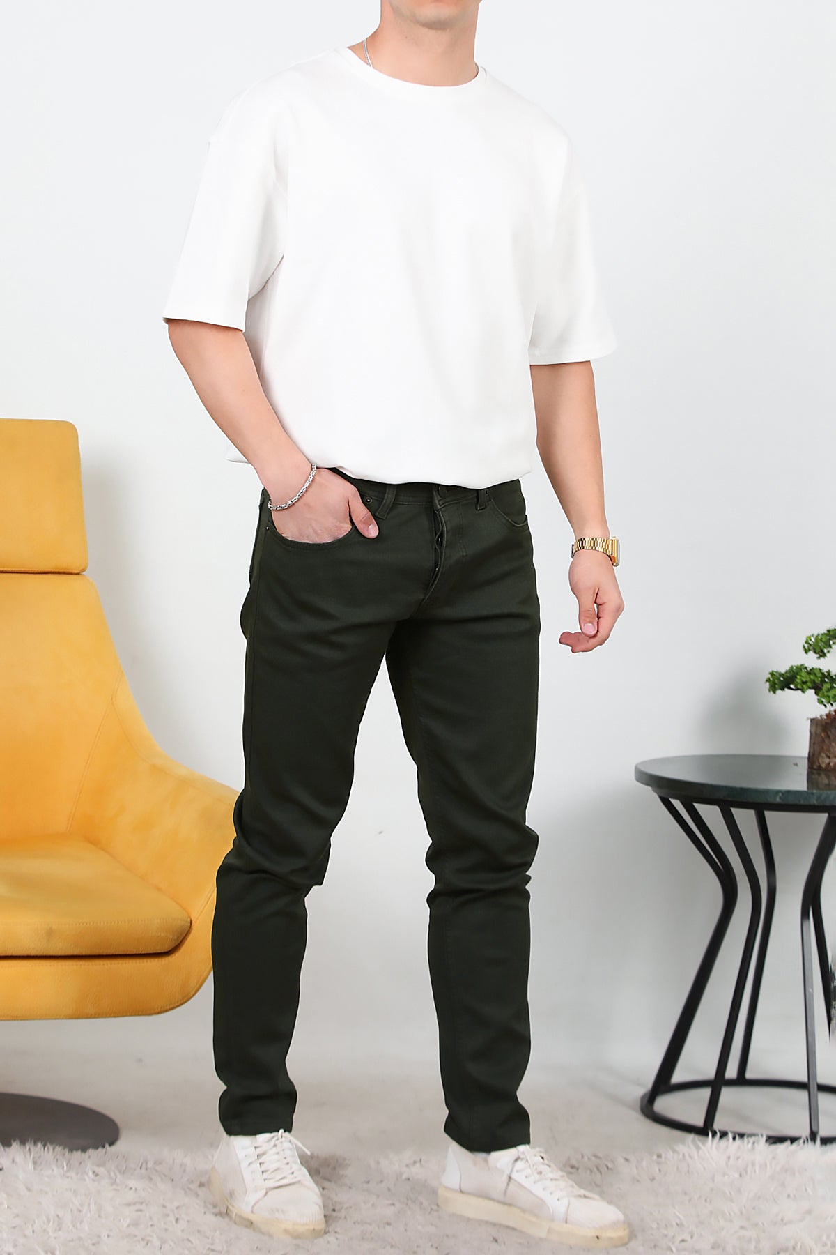 Erkek Slim Likralı Kot Pantolon Haki