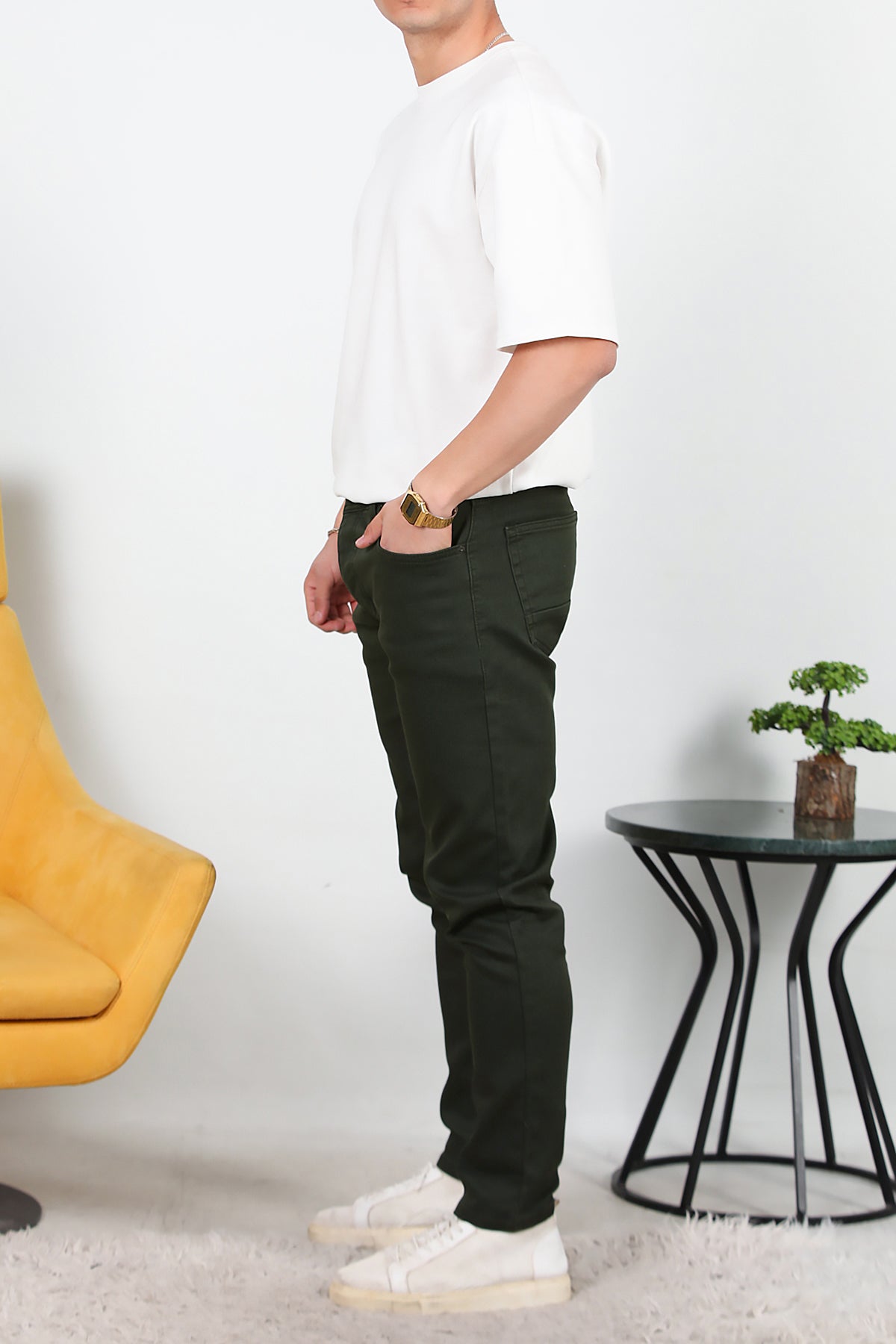 Erkek Slim Likralı Kot Pantolon Haki