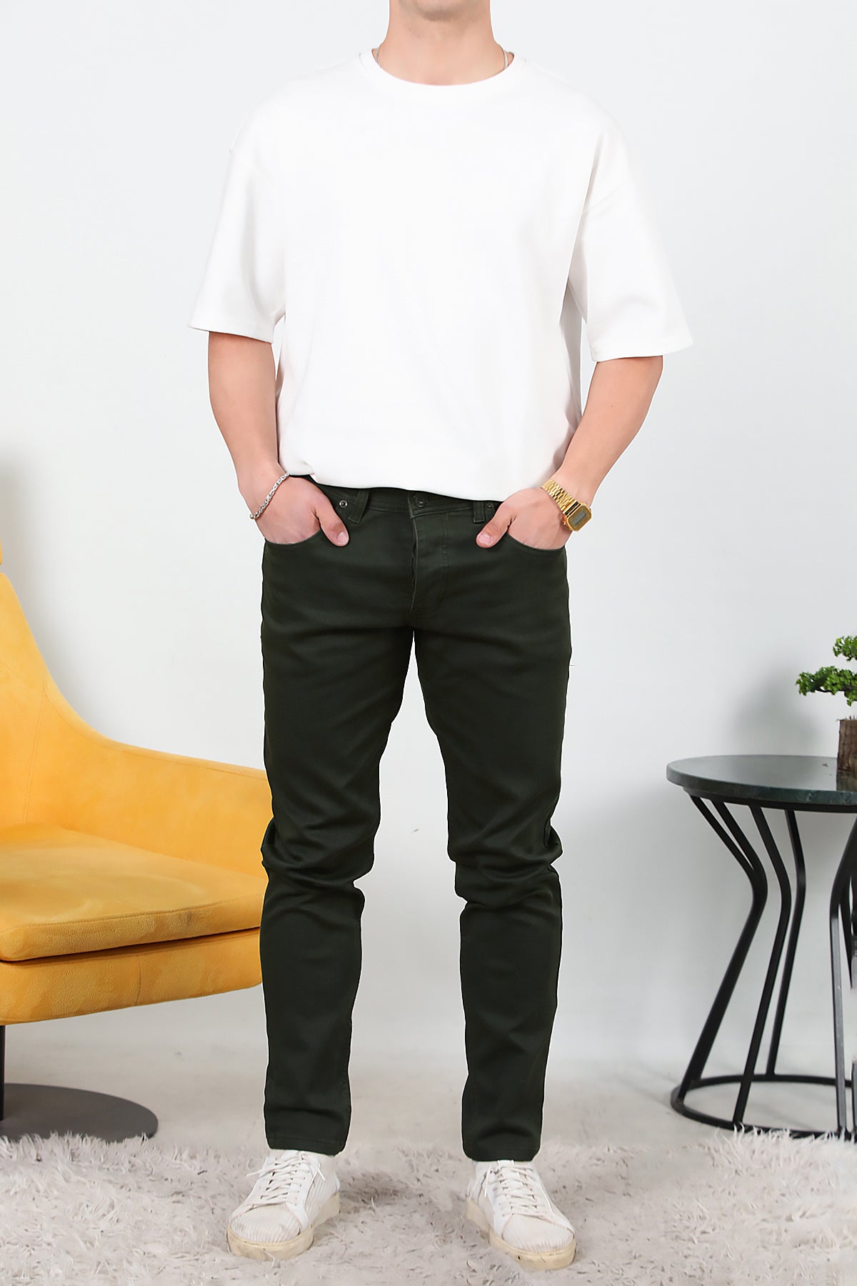 Erkek Slim Likralı Kot Pantolon Haki