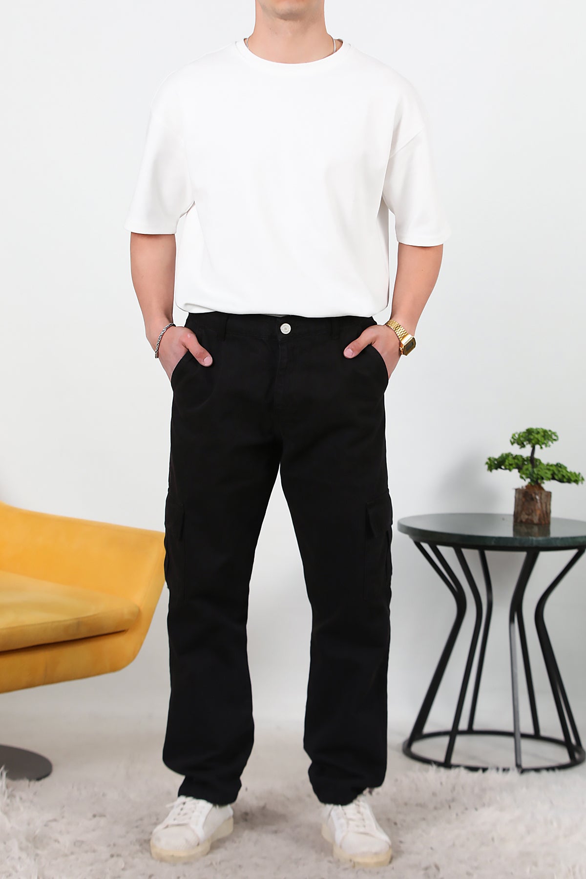 Erkek Kargo Cep Düz Paça Pantolon Siyah