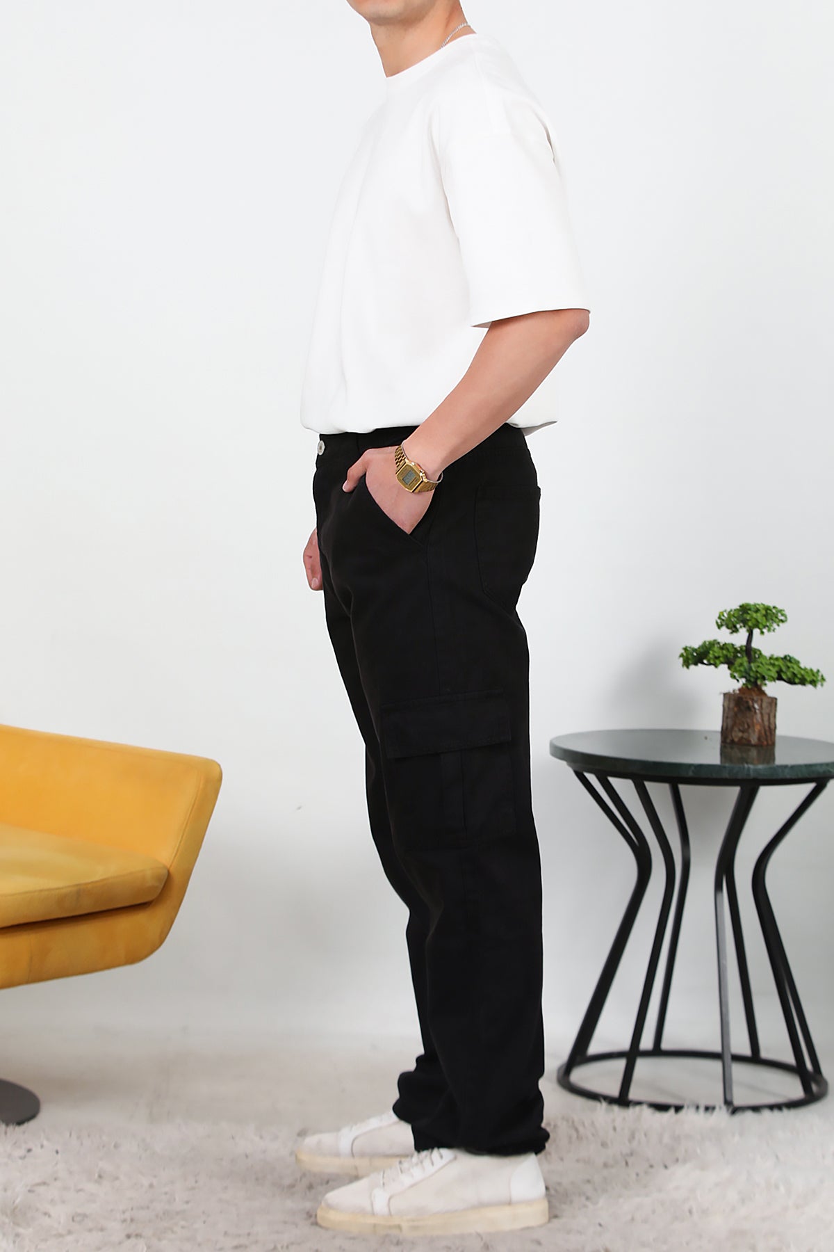 Erkek Kargo Cep Düz Paça Pantolon Siyah