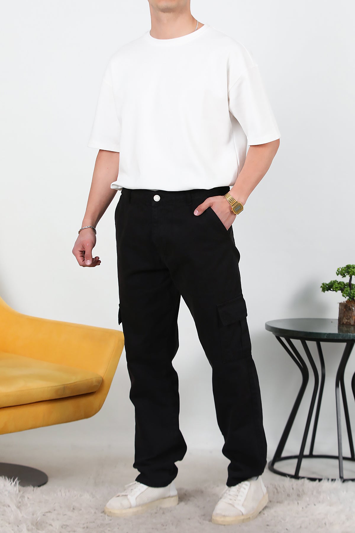 Erkek Kargo Cep Düz Paça Pantolon Siyah