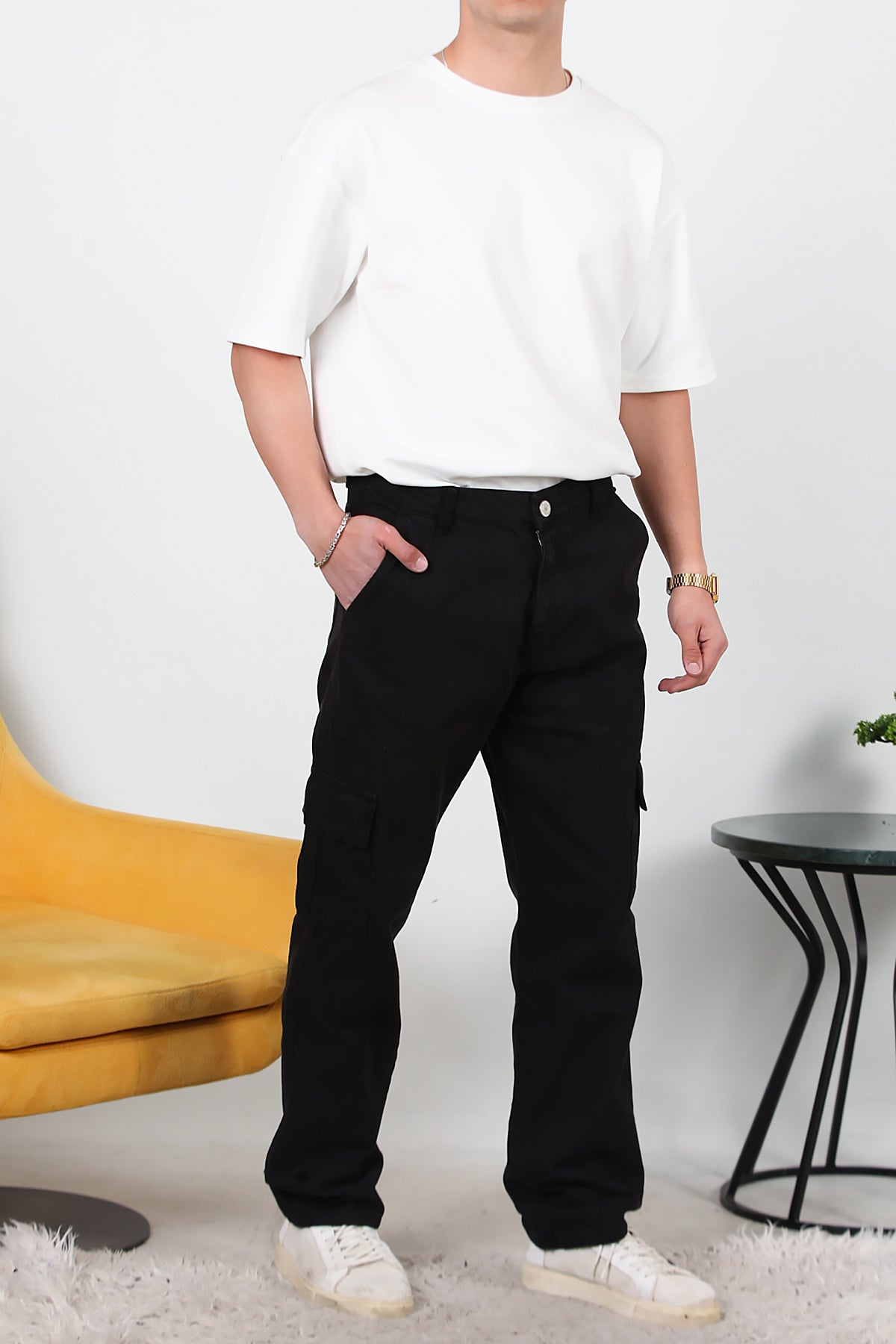 Erkek Kargo Cep Düz Paça Pantolon Siyah