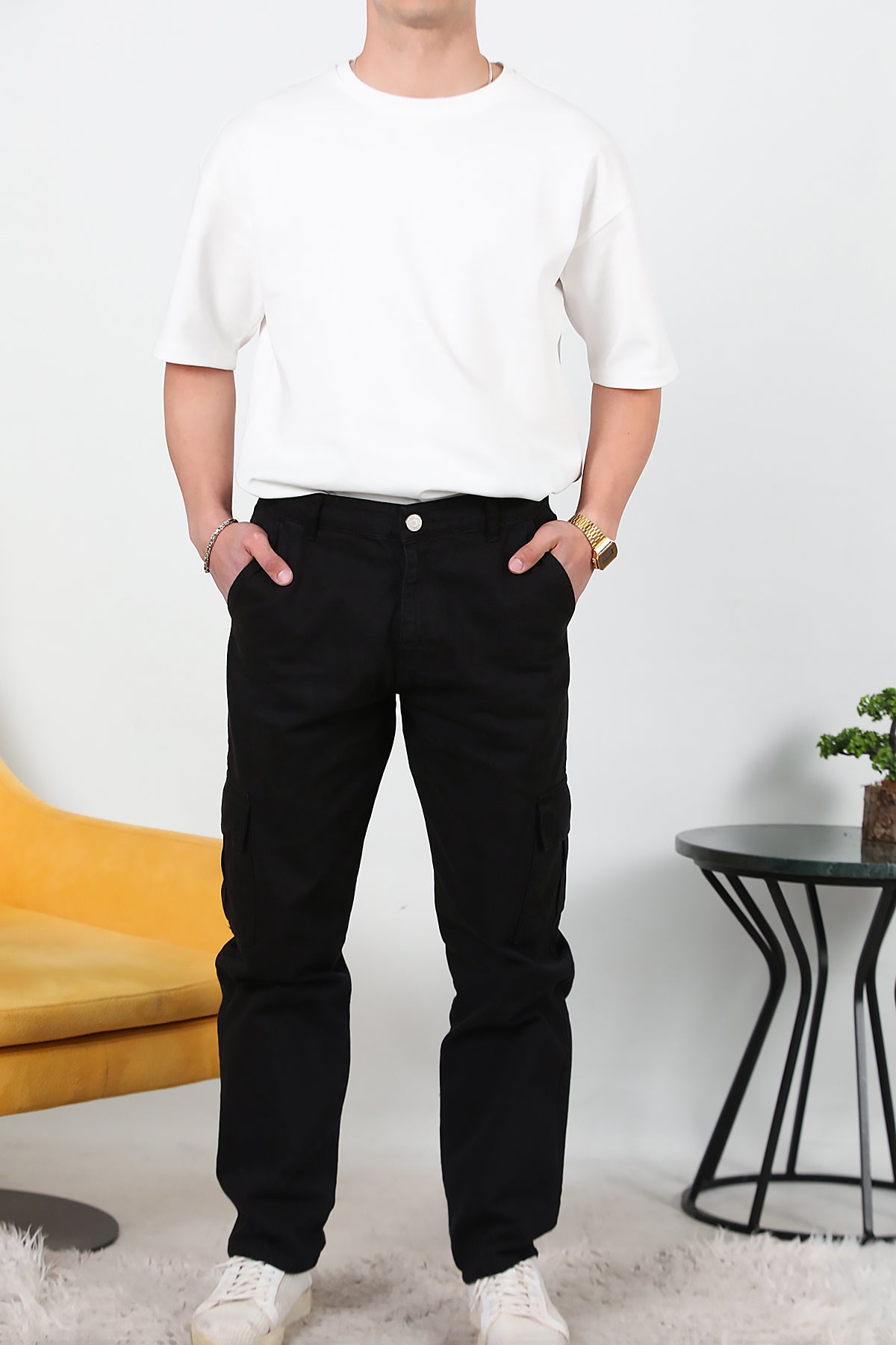 Erkek Kargo Cep Düz Paça Pantolon Siyah
