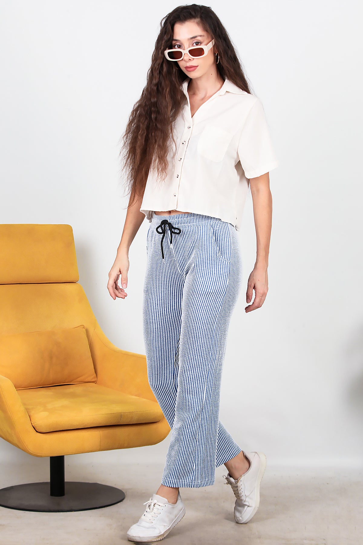 Kadın Çizgili Pantolon Saks