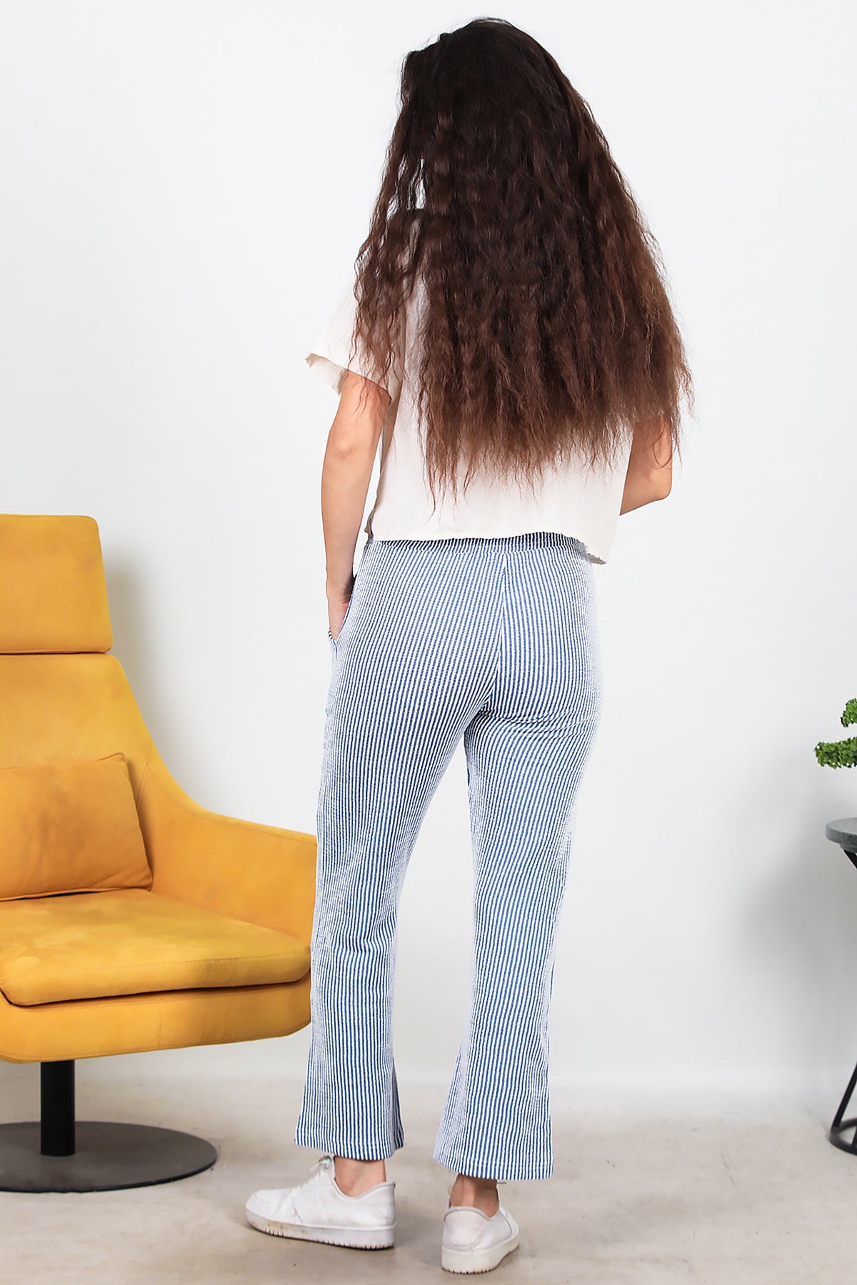 Kadın Çizgili Pantolon Saks