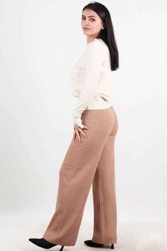Ribbera Kadın Bol Paça Fitilli Pantolon Bej