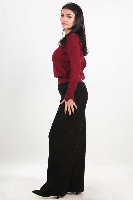 Ribbera Kadın Bol Paça Fitilli Pantolon Siyah