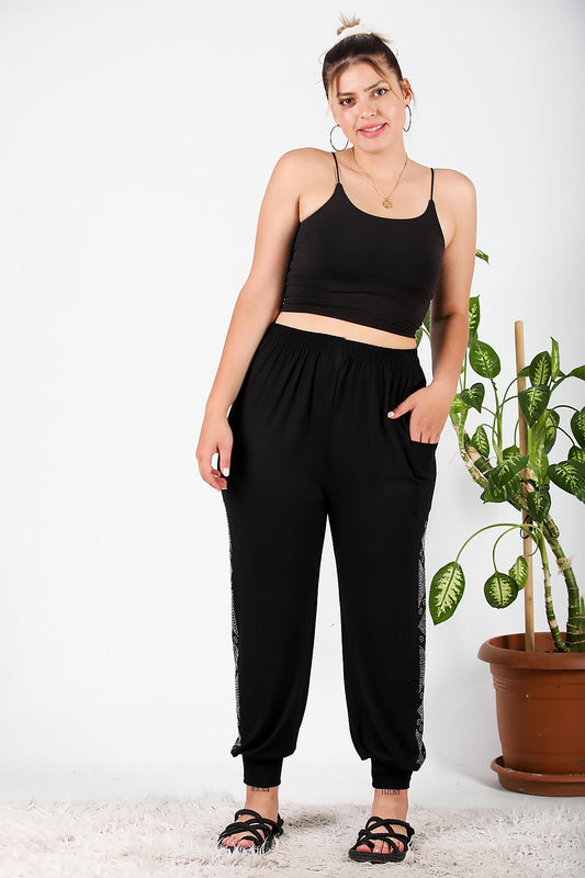 Büyük Beden Yanları Taşlı Şalvar Siyah