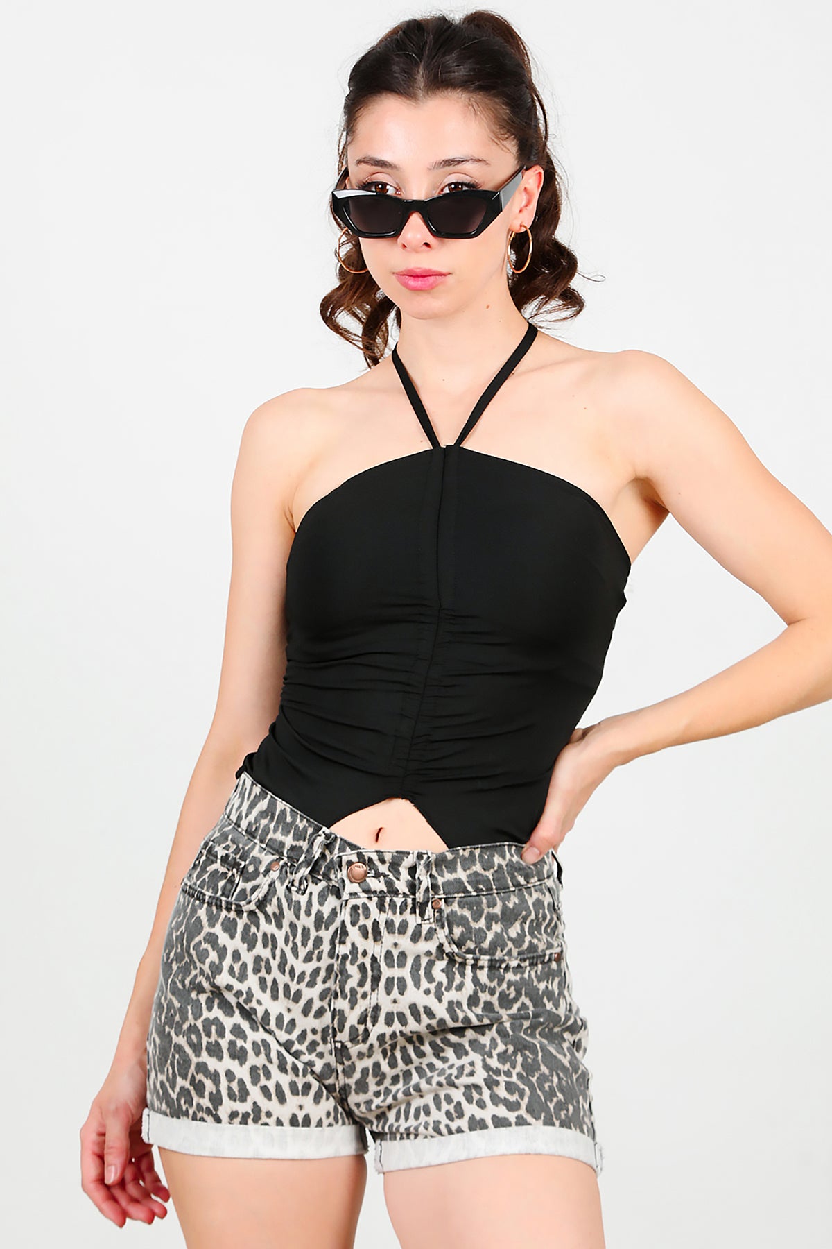 Kadın Leoparlı Kot Şort Leopar