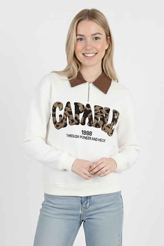 Capable Kadın Yarım Fermuar Yakalı Önü Yazılı Sweat Ekru