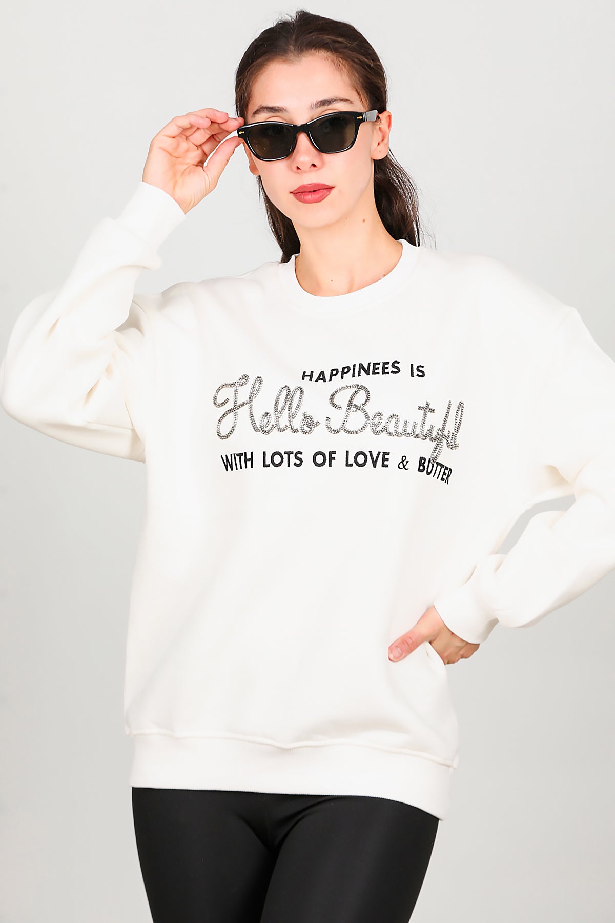 Kadın Yazı Detay Şardonlu Sweat Ekru