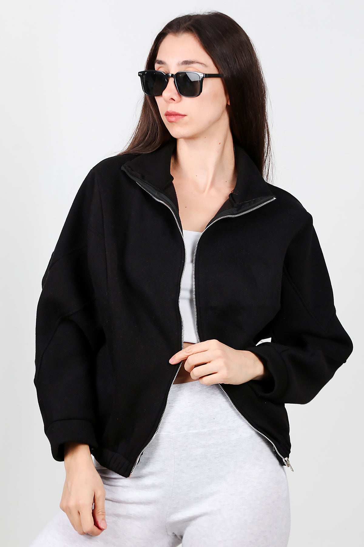 Kadın Dik Yaka Fermuarlı Sweat Siyah