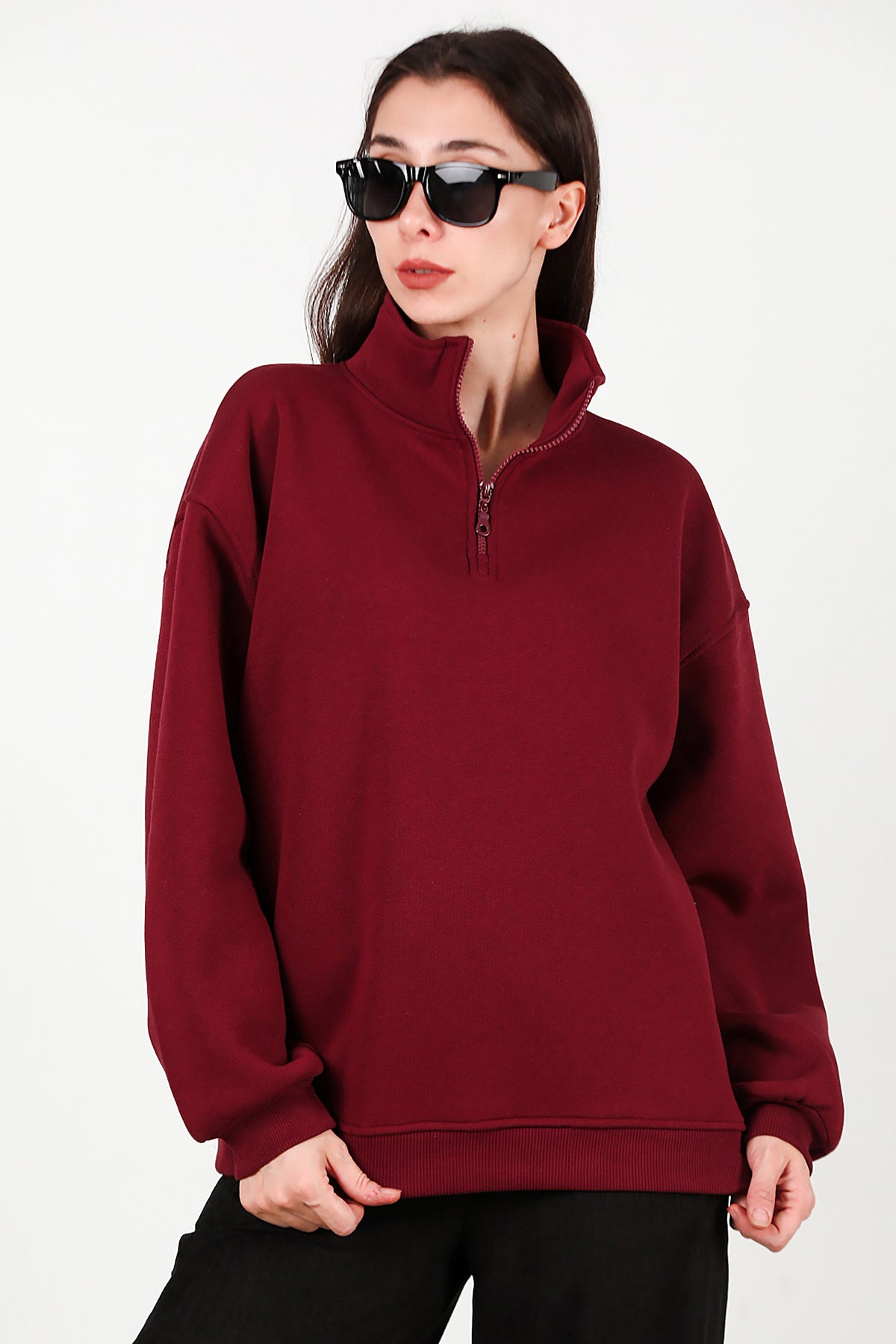 Kadın Yarım Balıkçı Yaka Fermuarlı Sweat Bordo