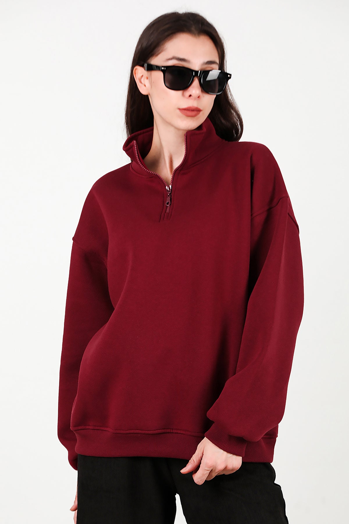 Kadın Yarım Balıkçı Yaka Fermuarlı Sweat Bordo