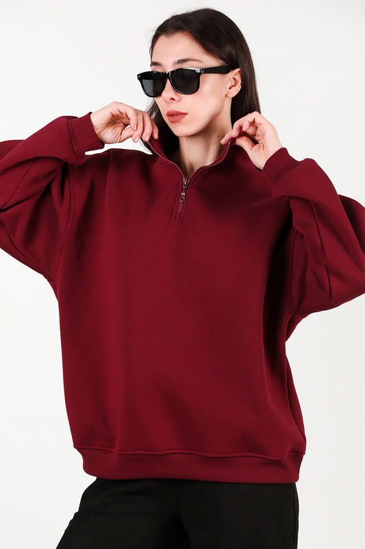 Kadın Yarım Balıkçı Yaka Fermuarlı Sweat Bordo