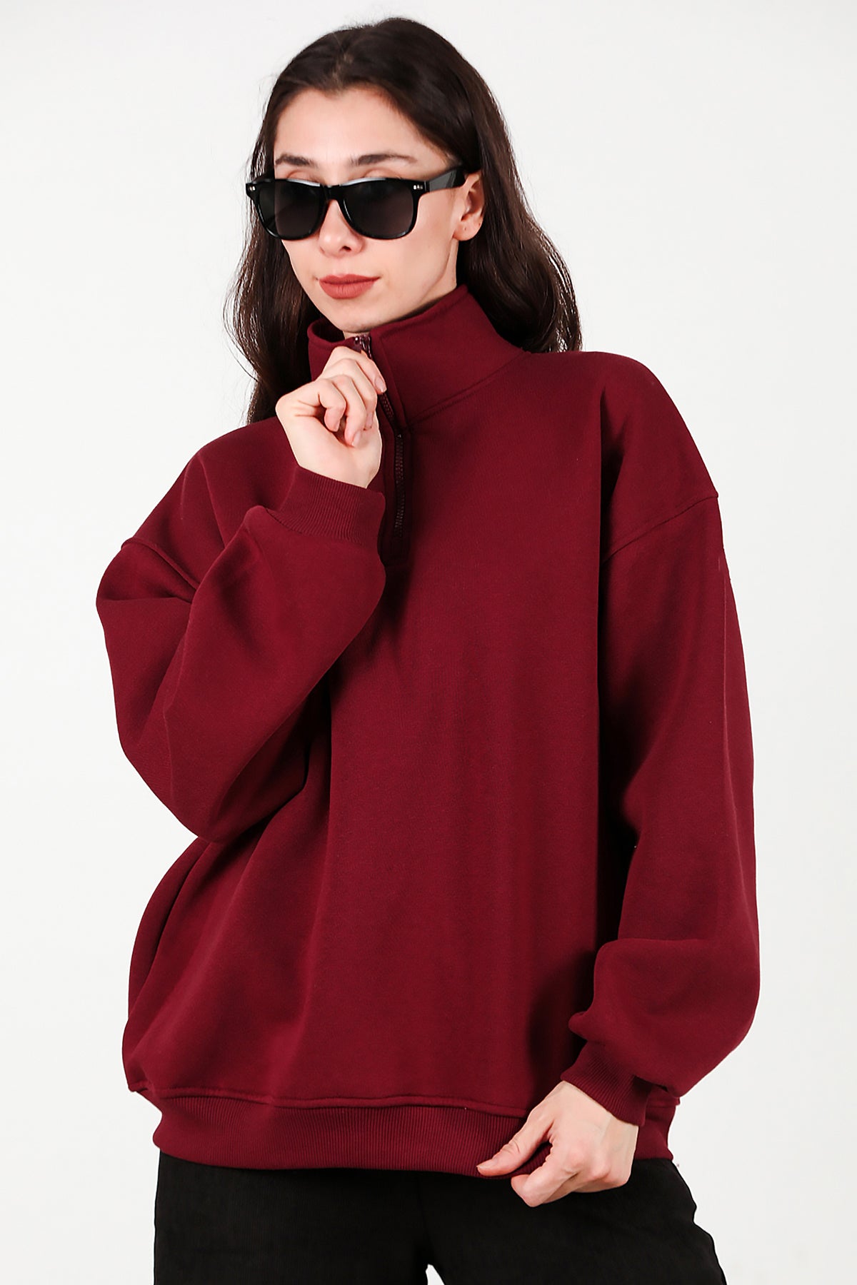 Kadın Yarım Balıkçı Yaka Fermuarlı Sweat Bordo