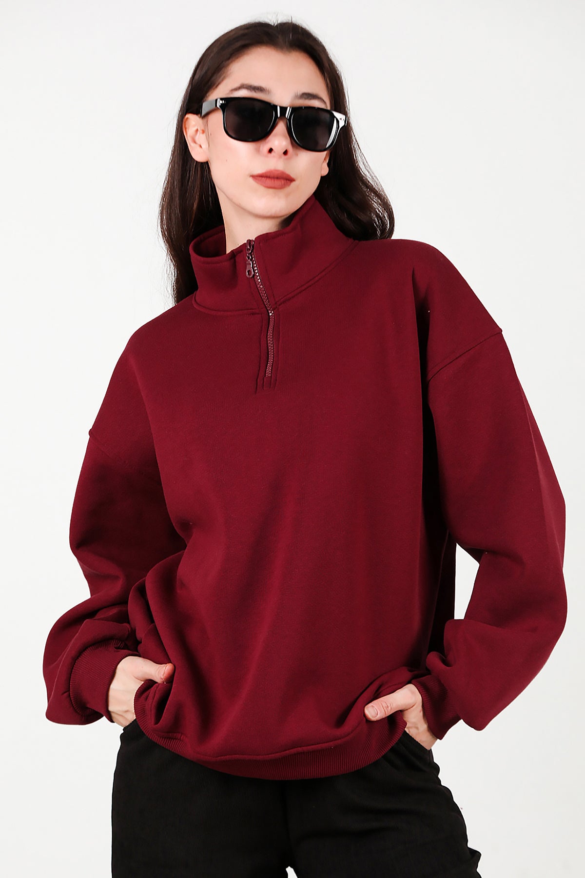 Kadın Yarım Balıkçı Yaka Fermuarlı Sweat Bordo