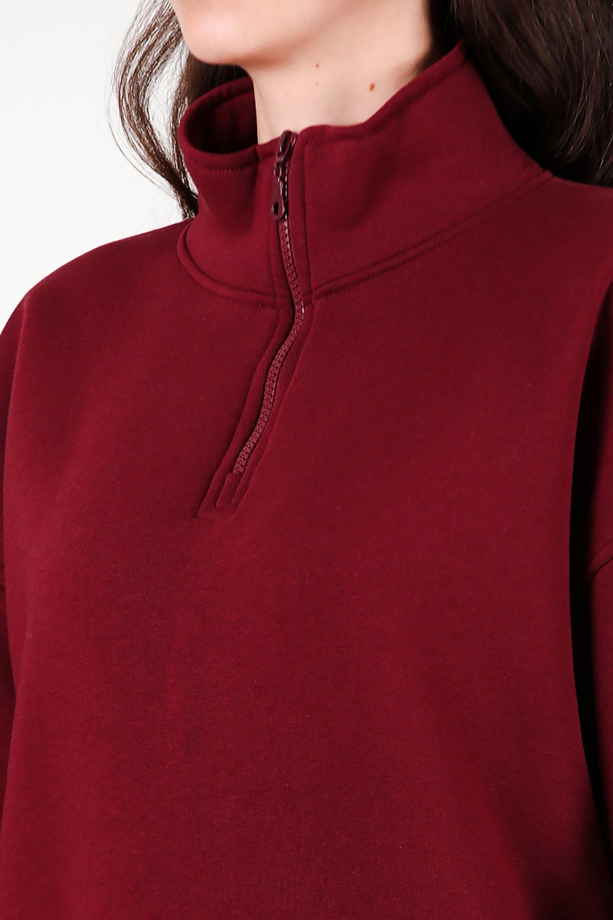 Kadın Yarım Balıkçı Yaka Fermuarlı Sweat Bordo