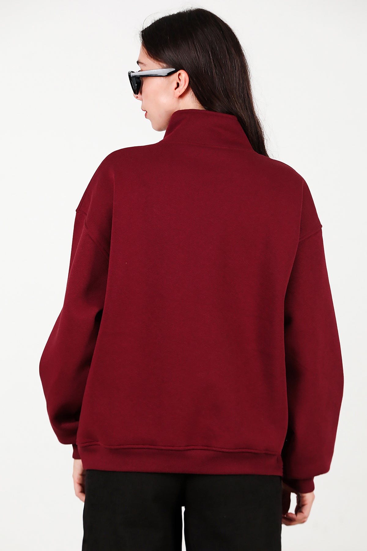Kadın Yarım Balıkçı Yaka Fermuarlı Sweat Bordo