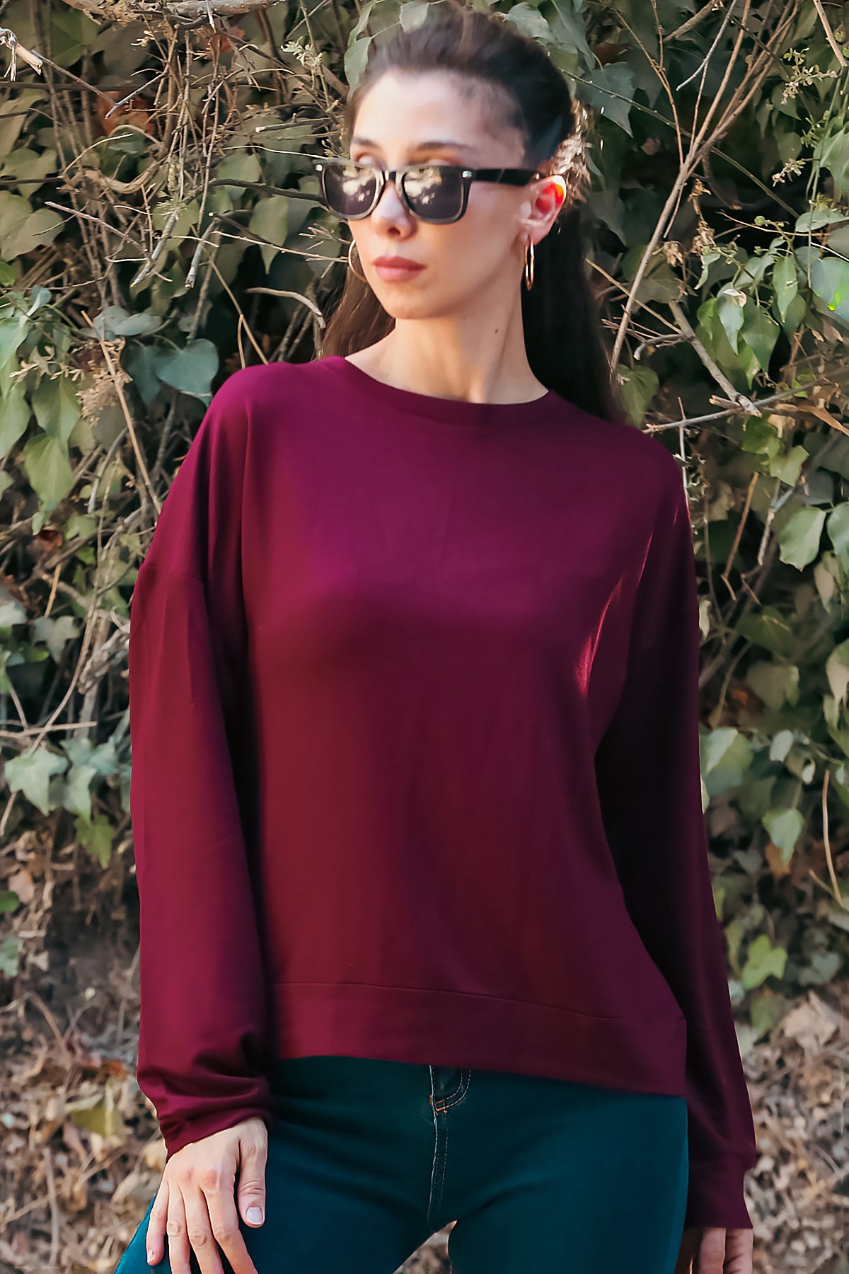 Kadın Oversize Bisiklet Yaka Sweat Bordo