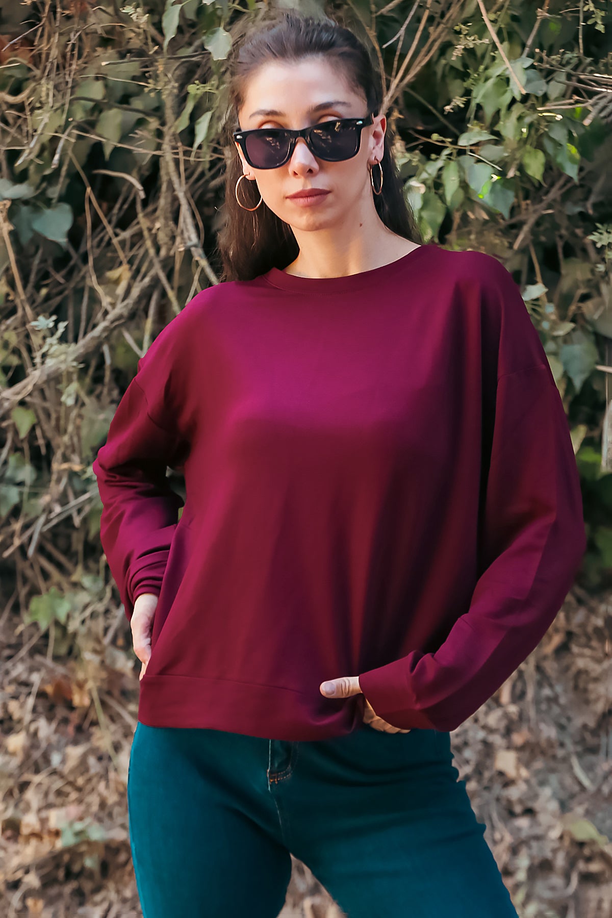 Kadın Oversize Bisiklet Yaka Sweat Bordo