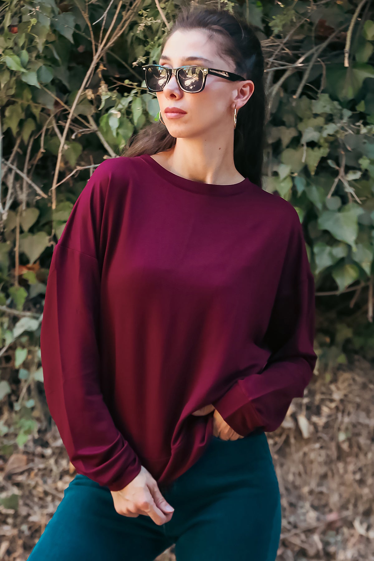 Kadın Oversize Bisiklet Yaka Sweat Bordo