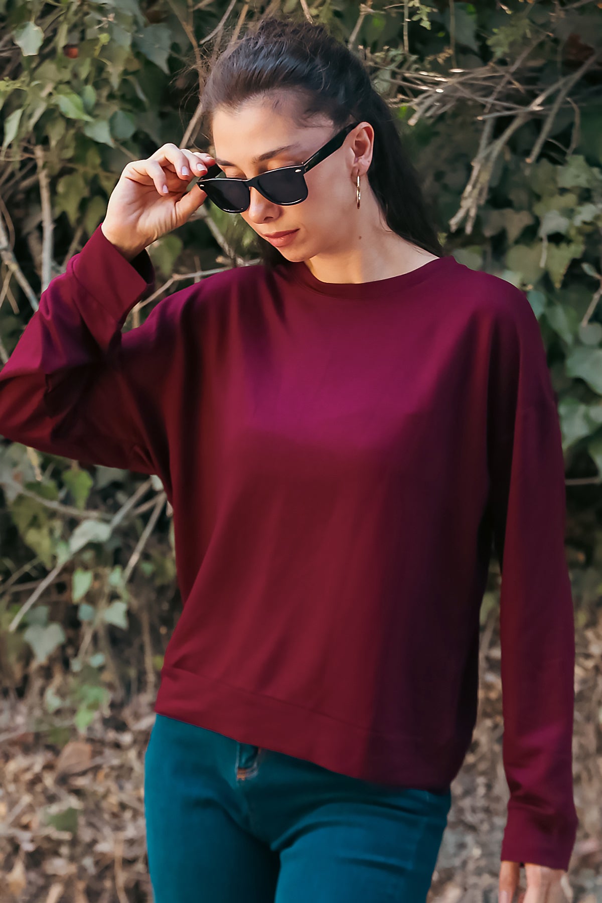 Kadın Oversize Bisiklet Yaka Sweat Bordo