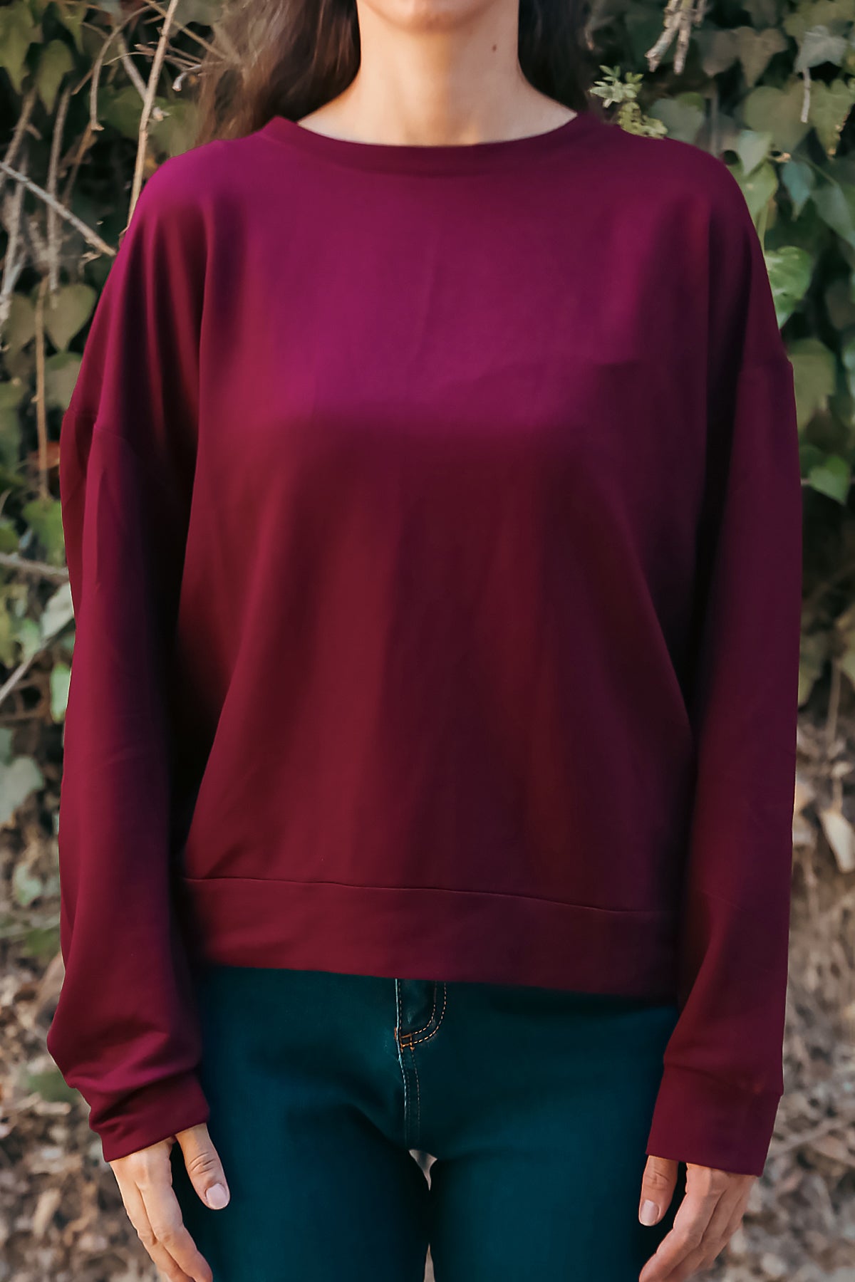 Kadın Oversize Bisiklet Yaka Sweat Bordo