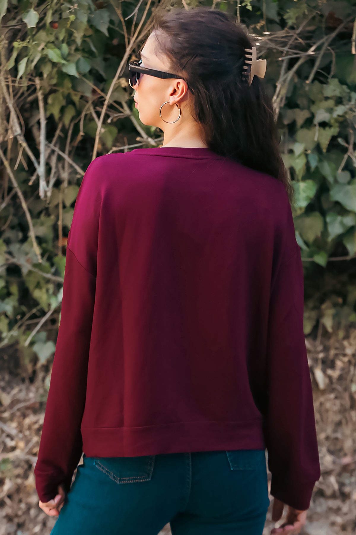 Kadın Oversize Bisiklet Yaka Sweat Bordo