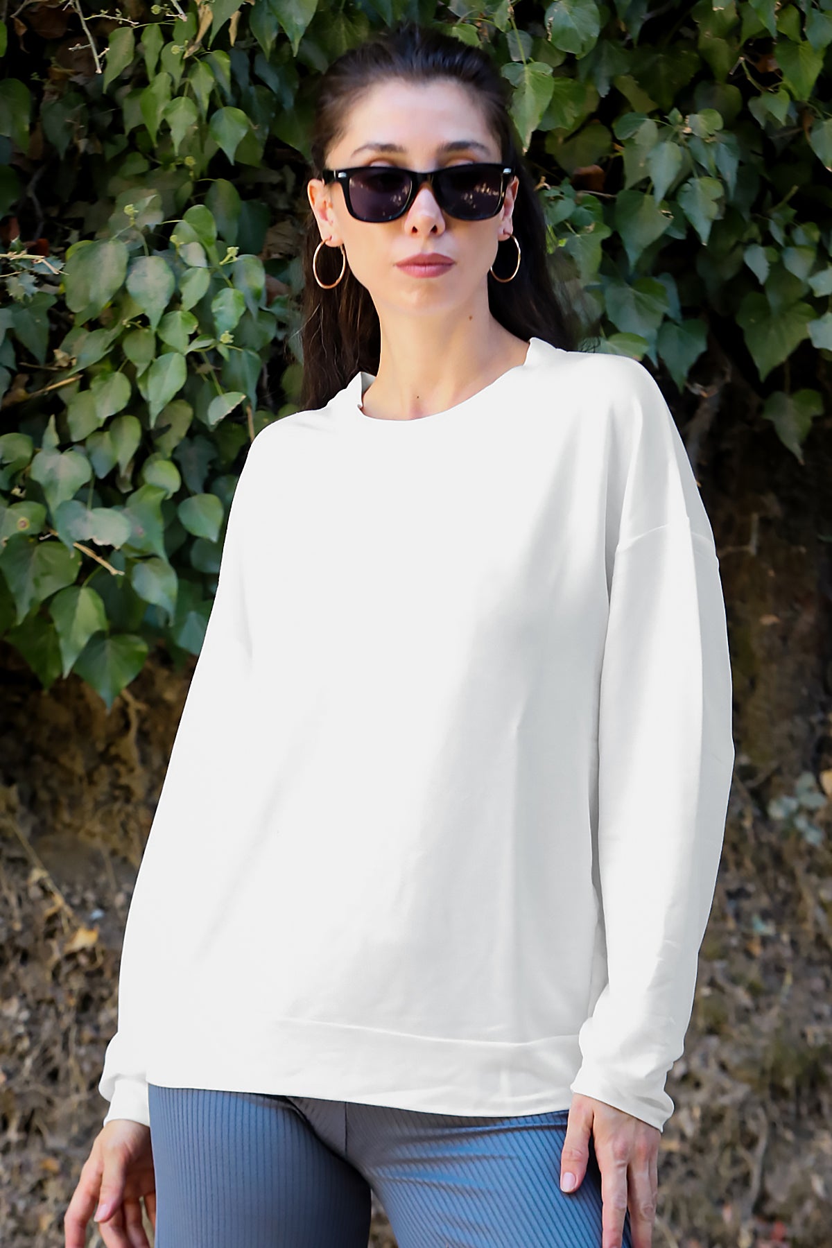 Kadın Oversize Bisiklet Yaka Sweat Ekru
