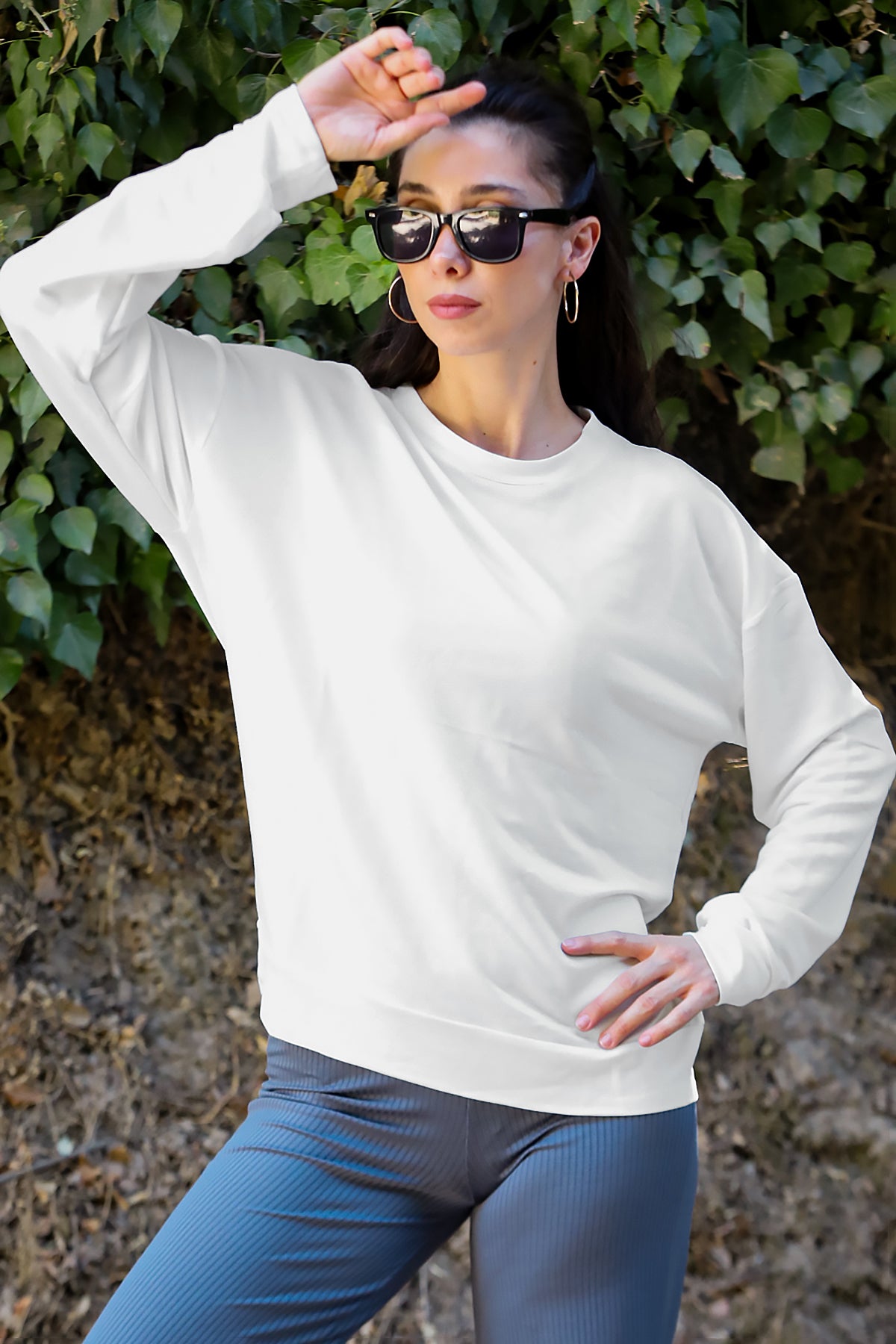 Kadın Oversize Bisiklet Yaka Sweat Ekru