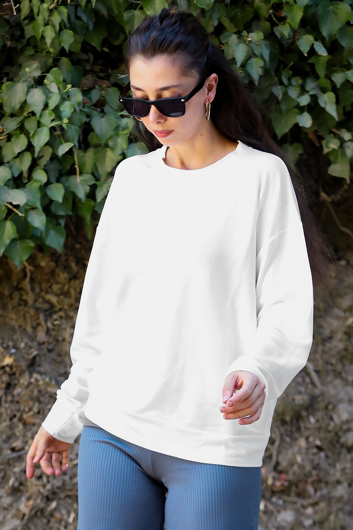 Kadın Oversize Bisiklet Yaka Sweat Ekru