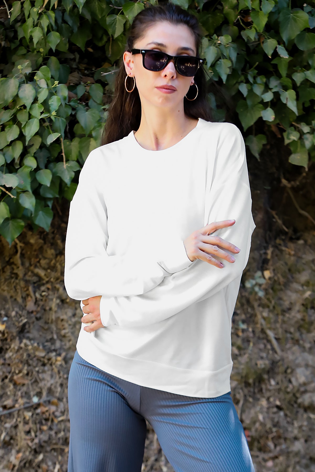 Kadın Oversize Bisiklet Yaka Sweat Ekru