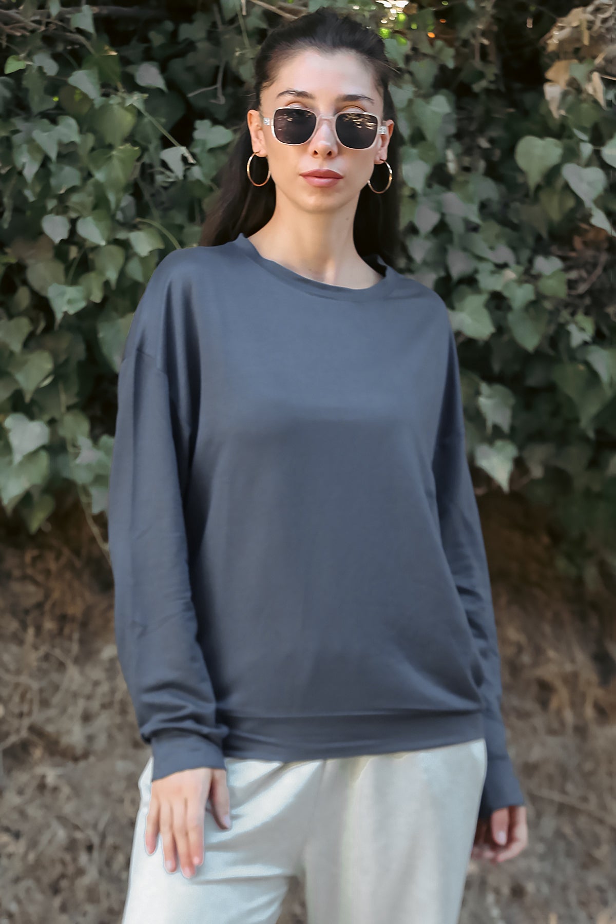Kadın Oversize Bisiklet Yaka Sweat Füme