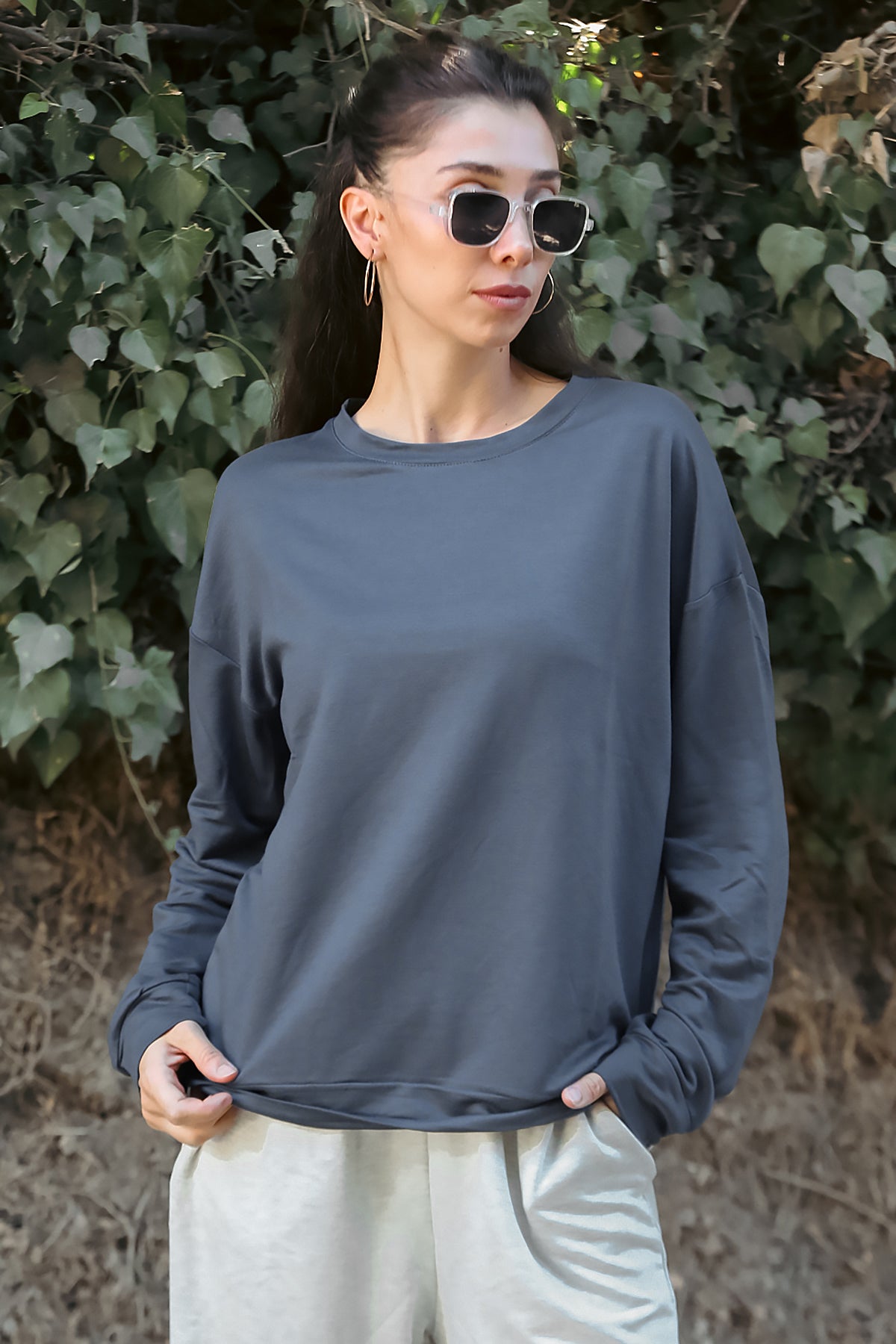 Kadın Oversize Bisiklet Yaka Sweat Füme