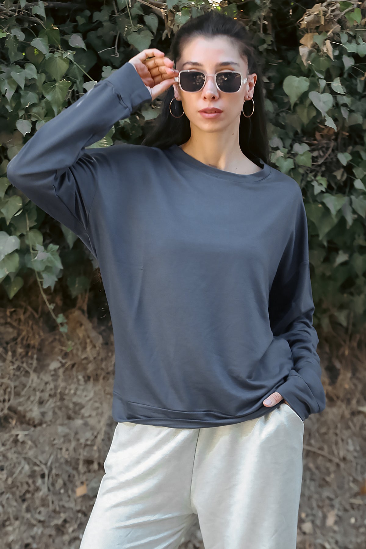Kadın Oversize Bisiklet Yaka Sweat Füme