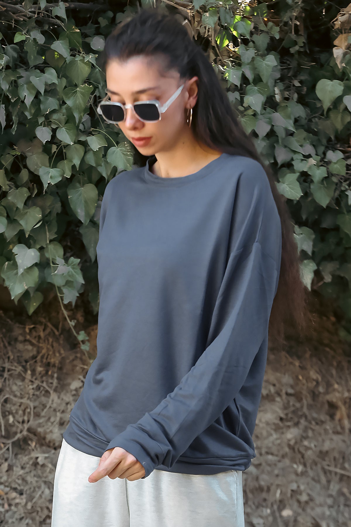 Kadın Oversize Bisiklet Yaka Sweat Füme