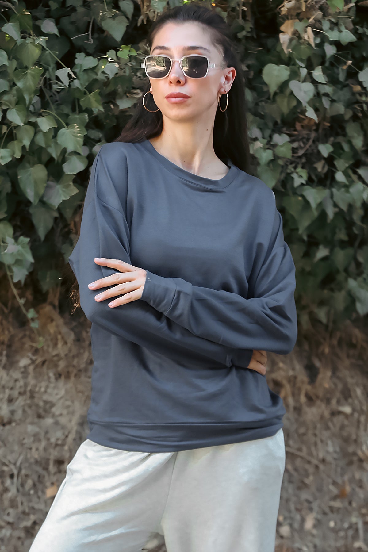 Kadın Oversize Bisiklet Yaka Sweat Füme