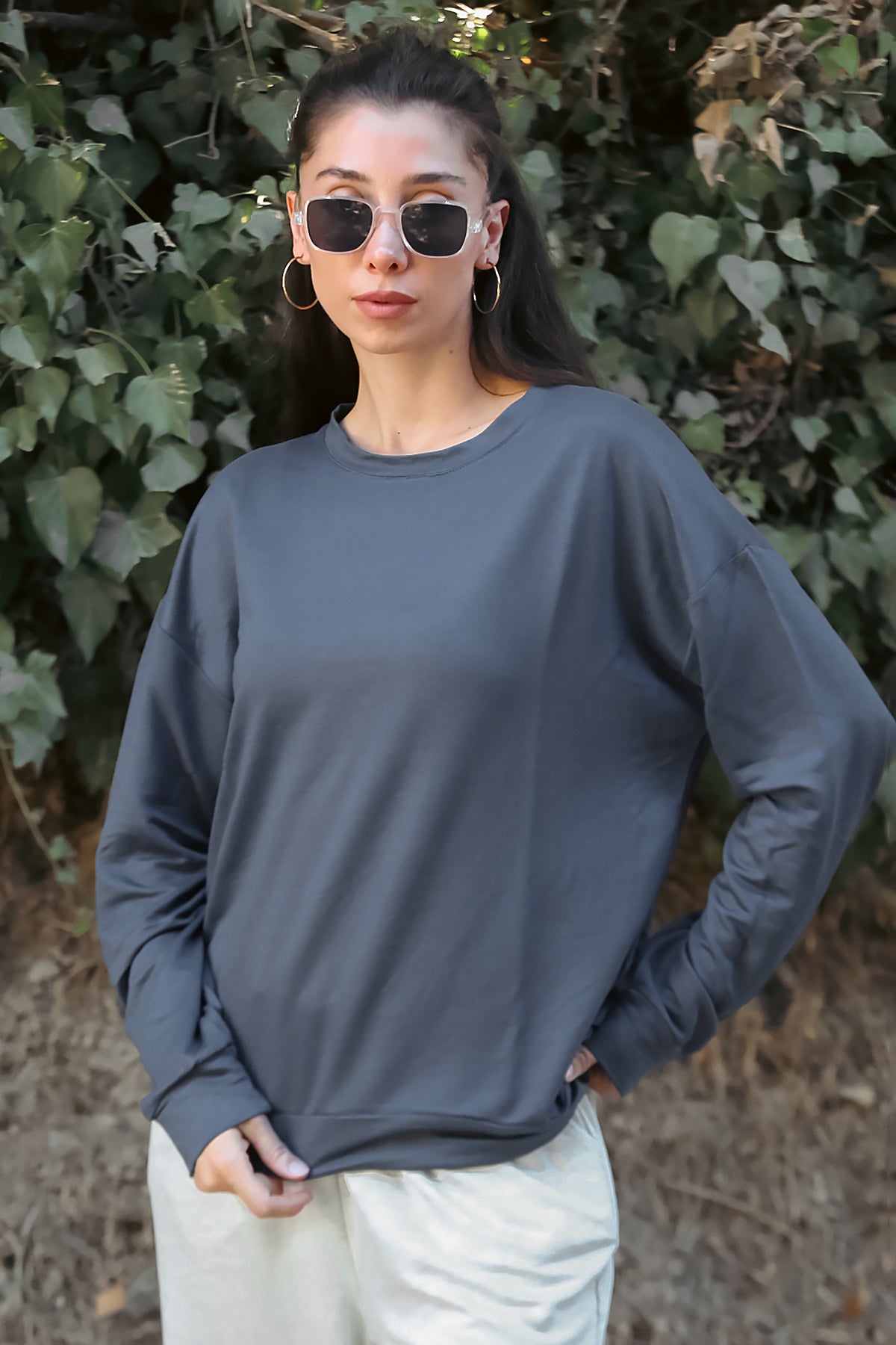 Kadın Oversize Bisiklet Yaka Sweat Füme